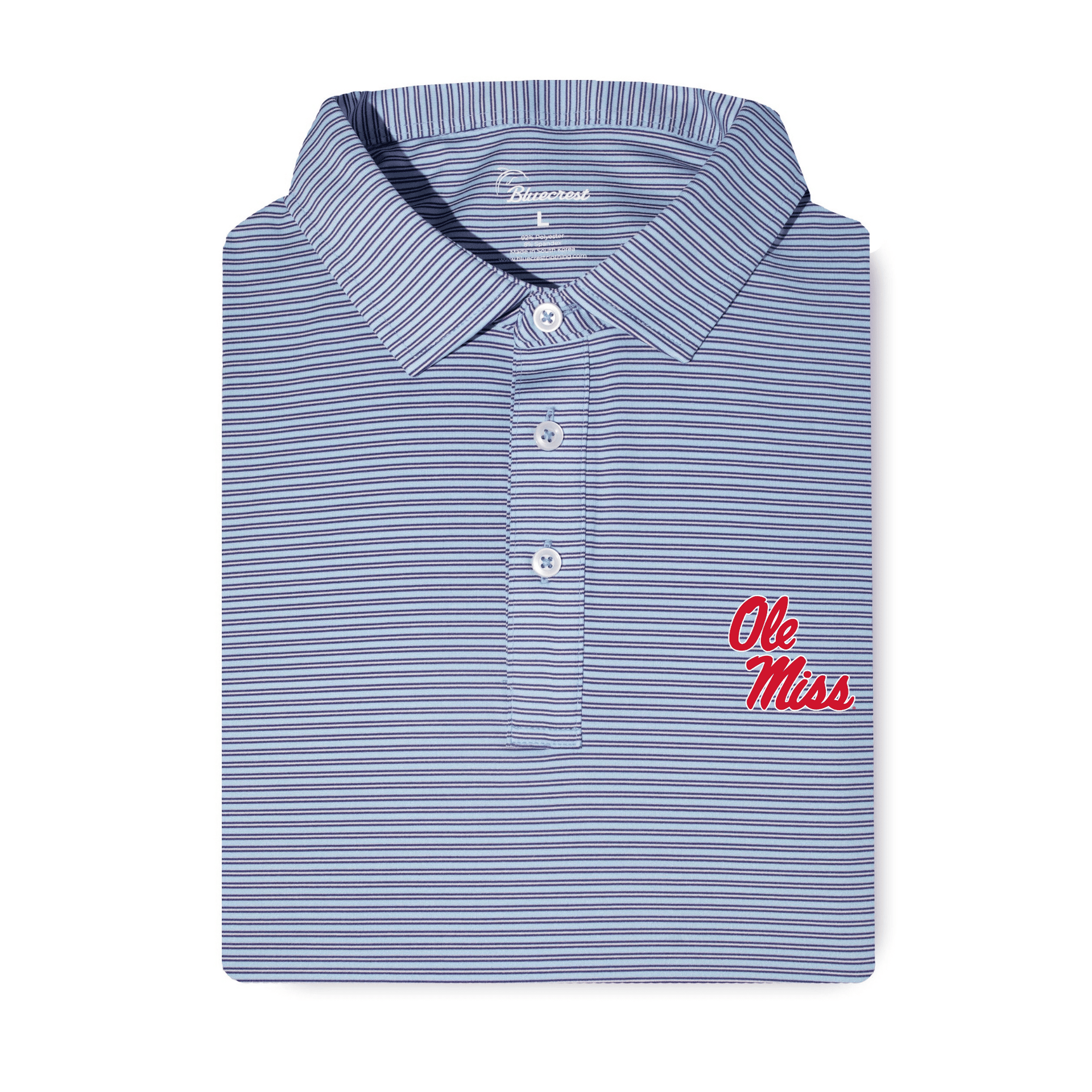 The Graduate Stripe Performance Polo - Ole Miss Blue, Navy, White / L / Ole Miss Script The Graduate Stripe Performance Polo - Ole Miss Blue, Navy, White / L / Ole Miss Script